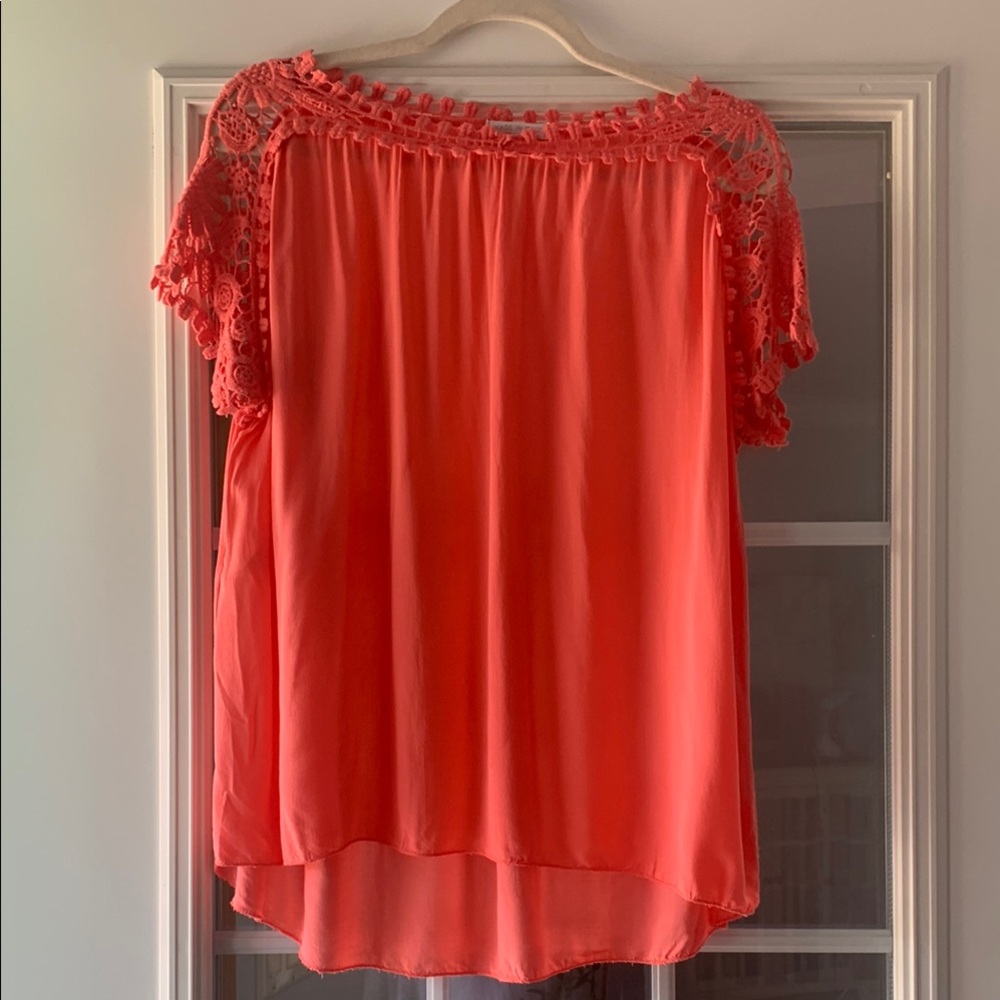 Elegant Coral Crochet Lace Blouse, Sz L